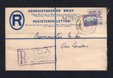 SOUTH AFRICA - 1955 - POSTAL STATIONERY & CANCELLATION: 4d ultramarine postal stationery registered envelope (H&G C9) used with added 1950 2d blue & violet (SG 134) tied by IDA cds with boxed 'IDA' registration marking in violet alongside. Addressed to EAST LONDON with transit cds on reverse.  (SAF22456)