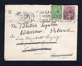 SOUTH AFRICA - 1926 - REDIRECTED MAIL: Cover with 'UNION CASTLE LINE' imprint on flap franked with 1913 2d dull purple GV Head issue (SG 6) tied by CAPETOWN cds. Addressed to UK and re-directed to POLAND with added Great Britain 1924 ½d green GV issue (SG 418) tied by LONDON machine cancel. Partial POLISH arrival mark on reverse.  (SAF22477)