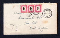 SOUTH AFRICA - 1952 - POSTAGE DUE: Unfranked cover from KNYSNA with KNYSNA cds. Addressed to EAST LONDON, taxed on arrival with manuscript 'T 3' and added strip of three 1948 1d black & carmine 'Postage Due' issue (SG D35) tied by oval EAST LONDON cancel. Additional arrival cds on reverse.  (SAF/22508)