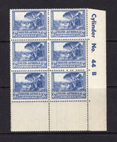 SOUTH AFRICA - 1947 - MULTIPLE: 3d dull blue 'Screened Rotogravure' issue, a fine unmounted mint corner marginal block of six comprising three horizontal pairs with 'Cylinder No. 44 B' imprint in margin. (SG 117)  (SAF/34711)