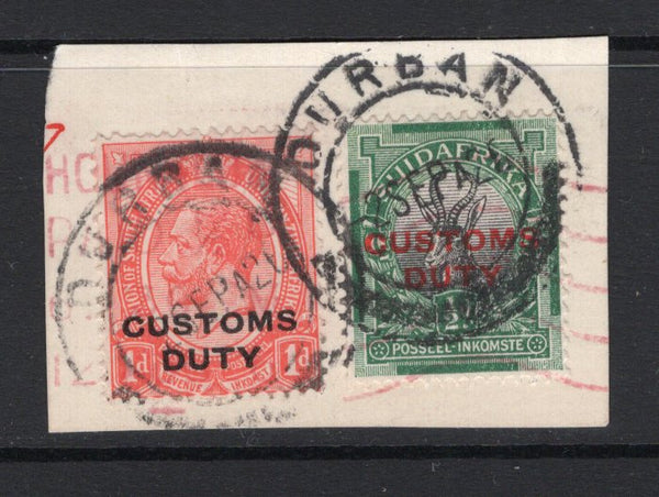 SOUTH AFRICA - 1926 - POSTAL FISCALS: 1d red 'GV Head' issue with 'CUSTOMS DUTY' overprint in black and ½d green & black 'Springbok' with 'CUSTOMS DUTY' overprint in red both tied on small piece by DURBAN postal cds's dated 2 SEPT 1926. Unusual. (Barefoot #3 & 12)  (SAF/37054)