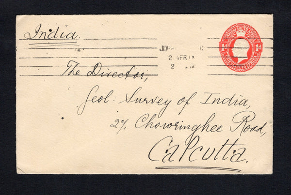 SOUTH AFRICA - 1914 - POSTAL STATIONERY & DESTINATION: 1d red on cream GV postal stationery envelope (H&G B1a, with curved flap) used with JOHANNESBURG machine cancel dated 2 APR 1914. Addressed to INDIA with arrival cds on reverse.  (SAF/42373)