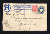 SOUTH AFRICA - 1923 - POSTAL STATIONERY, CANCELLATION & REGISTRATION: 6d blue GV postal stationery registered envelope (H&G C5a) with oval 'Rev J Trumpelmann, BERLIN MISSION, Wallmannathal, P.O. Pyramid, Tvl' handstamp in blue on reverse used with added 1913 1d rose red 'GV Head' issue (SG 4) tied by PYRAMID cds dated 27 FEB 1923 with second strike alongside. Addressed to GERMANY with arrival cds on reverse.  (SAF/43062)