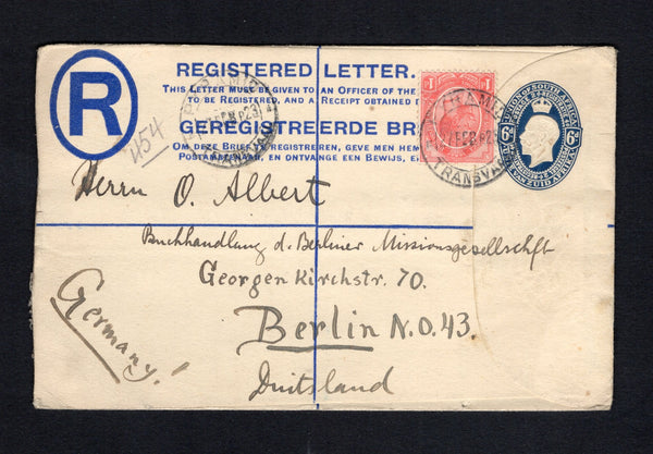 SOUTH AFRICA - 1923 - POSTAL STATIONERY, CANCELLATION & REGISTRATION: 6d blue GV postal stationery registered envelope (H&G C5a) with oval 'Rev J Trumpelmann, BERLIN MISSION, Wallmannathal, P.O. Pyramid, Tvl' handstamp in blue on reverse used with added 1913 1d rose red 'GV Head' issue (SG 4) tied by PYRAMID cds dated 27 FEB 1923 with second strike alongside. Addressed to GERMANY with arrival cds on reverse.  (SAF/43062)