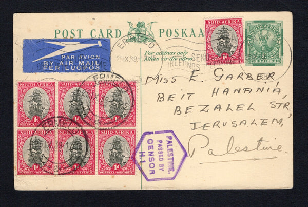 SOUTH AFRICA - 1939 - POSTAL STATIONERY & DESTINATION: ½d green postal stationery card (H&G 18) used with added 1933 block of six and single 1d grey & carmine 'Ship' issue (SG 56) tied by ERMELO cds's dated 25 IX. 1939. Sent airmail to JERUSALEM, PALESTINE with hexagonal 'PALESTINE PASSED BY CENSOR H.1' censor mark in purple on front. A very unusual destination.  (SAF/43248)