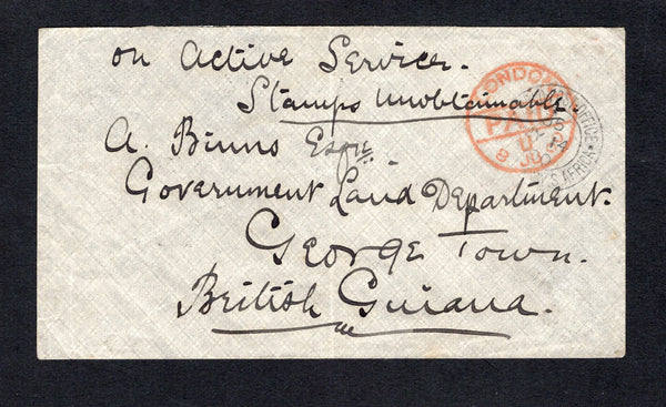 SOUTH AFRICA - 1900 - BOER WAR & DESTINATION: Stampless cover with manuscript 'On active service, Stamps unobtainable' at top with FIELD POST OFFICE 35 BRITISH ARMY S. AFRICA cds dated MY 14 1900 on front located between Thabanchu and Senekal in the Orange River Colony. Addressed to 'A Binns Esq. Government Land Department, George Town, British Guiana with NEW AMSTERDAM and GEORGETOWN transit & arrival cds's on reverse. A rare cover as only a small amount of troops from British Guiana fought in the British