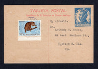 SALVADOR - 1963 - POSTAL STATIONERY: Circa 1963. 6c ultramarine on cream postal stationery card (H&G 116) used with added 1963 10c 'Kinkajou' issue (SG 1185) tied by light SAN SALVADOR cds. Addressed to USA.  (SAL/10724)