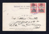 SALVADOR - 1909 - NATIONAL PALACE ISSUE: Black & white PPC 'Saludos de San Salvador, Lavanderas en el Rio Azelhuate' franked on message side with pair 1907 2c black & red (SG 600) tied by SONSONATE cds. Addressed to USA with ACAJUTLA transit cds.  (SAL10742)