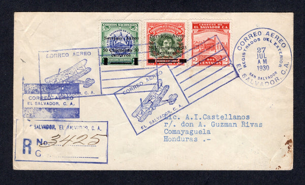 SALVADOR - 1930 - AIRMAIL: Registered cover franked with 1924 2c red, 1929 25c on 35c olive green & rose AIR surcharge issue 1930 50c on 1col violet blue & green AIR surcharge issue with overprint in black (SG 751, 772B & Sanabria #11 only 400 were printed) all tied by boxed 'Correo Aereo' airplane cancels with CORREO AEREO 'Flag' cachet and boxed registration marking. Addressed to HONDURAS with various transit and arrival marks on reverse. Rare stamp on cover.  (SAL/10850)