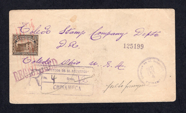 SALVADOR - 1921 - REGISTRATION: Registered cover franked with 1916 25c brown 'National Theatre' issue (SG 690) tied by red 'Lines' cancel with CHINAMECA cds and large boxed CORREOS DE EL SALVADOR CHINAMECA registration marking alongside. Addressed to USA with transit and arrival marks on reverse.  (SAL/17560)