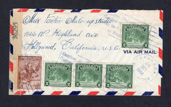 SALVADOR - 1944 - CANCELLATION: Airmail cover franked with 1938 4 x 2c green and 1940 30c brown (SG 893 & 915) tied by roller cancels with fine APANECA cds alongside. Addressed to USA, censored on arrival with SAN SALVADOR transit mark on reverse.  (SAL/24056)