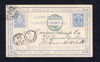SALVADOR - 1887 - POSTAL STATIONERY: 3c ultramarine postal stationery card (H&G 2) used with fine CORREOS STA TECLA cds in blue. Addressed to USA with transit & arrival cds's on front.  (SAL/24751)