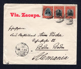 SALVADOR - 1913 - DEFINITIVE ISSUE: Cover franked with 1912 pair 5c black & scarlet and 19c grey & scarlet on front and 1c black & deep blue on reverse (SG 663, 665 & 669) all tied by dumb 'S' cancels with SAN SALVADOR cds on front. Addressed to GERMANY. The 19c is uncommon on cover.  (SAL26878)