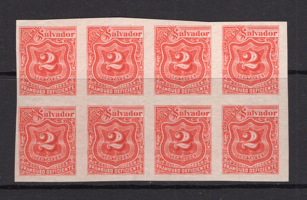 SALVADOR - 1896 - POSTAGE DUE ISSUE & VARIETY: 2c red SEEBECK 'Postage Due' issue, a fine mint IMPERF block of eight without watermark, from the original printing on thin paper with horizontal mesh and clear gum. (SG D151B variety)  (SAL/34689)