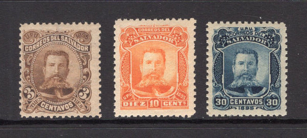 SALVADOR - 1895 - UNISSUED & SEEBECK ISSUE: 3c brown, 10c orange & 30c blue 'General Ezeta' SEEBECK issue, PREPARED FOR USE BUT UNISSUED the set of three fine mint.  (SAL/34773)