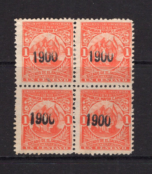SALVADOR - 1900 - SEEBECKS: 1c vermilion SEEBECK issue with '1900' overprint in black, a fine unused block of four. Scarce multiple. (SG 398)  (SAL/3804)