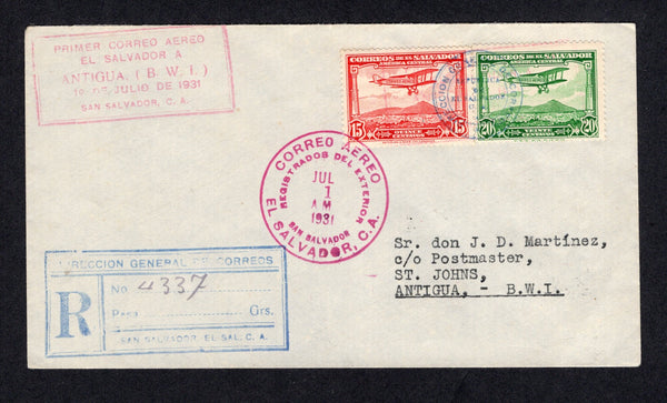 SALVADOR - 1931 - FIRST FLIGHT: Registered cover franked with 1930 15c scarlet and 20c green AIR issue (SG 775/776) tied by two different SAN SALVADOR cds's dated JUL 1 1931 with large boxed registration marking alongside. Flown on the San Salvador - St. John's, Antigua first flight with boxed 'PRIMER CORREO AEREO EL SALVADOR A ANTIGUA (B.W.I.) 1o JULIO DE 1931 SAN SALVADOR C.A.' cachet in red on front. Addressed to ST. JOHN'S with transit and arrival marks on reverse. A scarce flight. (Muller #40, rated 1