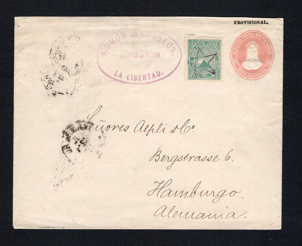 SALVADOR - 1889 - POSTAL STATIONERY & VOLCANO ISSUE: 10c salmon on white 'PROVISIONAL' postal stationery envelope (H&G B5i, white inside) used with added 1879 1c blue green 'Volcano' issue (SG 9c, early impression) cancelled by STAR postmark in purple with oval ADMON DE CORREOS LA LIBERTAD cancel also in purple alongside dated OCT 15 1889. Addressed to GERMANY with transit & arrival marks on front & reverse. A fine & scarce item.  (SAL/42132)