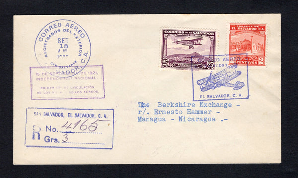 SALVADOR - 1930 - AIRMAIL COMMEMORATION & DESTINATION: Registered cover franked with 1924 2c red and 1930 25c purple AIR issue (SG 751 & 777) tied by boxed SAN SALVADOR 'Airplane' cancel with SAN SALVADOR cds dated SET 15 1930 the first day of issue with boxed 'Primer Dia de Circulacion' cachet and boxed registration marking all on front, Sent airmail to NICARAGUA with arrival mark on reverse.  (SAL/42333)