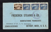 SALVADOR - 1920 - PROVISIONAL ISSUE: Cover franked with 3 x 1916 5c deep blue and 1919 2c on 10c brown 'Provisional' SURCHARGE issue (SG 685 & 713) tied by 'Lines' cancels with SAN SALVADOR cds dated JUN 11 1920 alongside. Addressed to USA.  (SAL/42426)