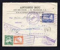 SALVADOR - 1930 - AIRMAIL & REGISTRATION: Registered cover franked with 1924 10c orange and 20c green and 1930 40c deep blue AIR issue (SG 755/756 & 778) tied by CORREO AEREO EL SALVADOR 'Airplane' cancels with SAN SALVADOR cds dated DIC 10 1930, 'Correo Aereo' FLAG marking and boxed registration marking alongside. Addressed to UK with transit mark on reverse.  (SAL/42427)