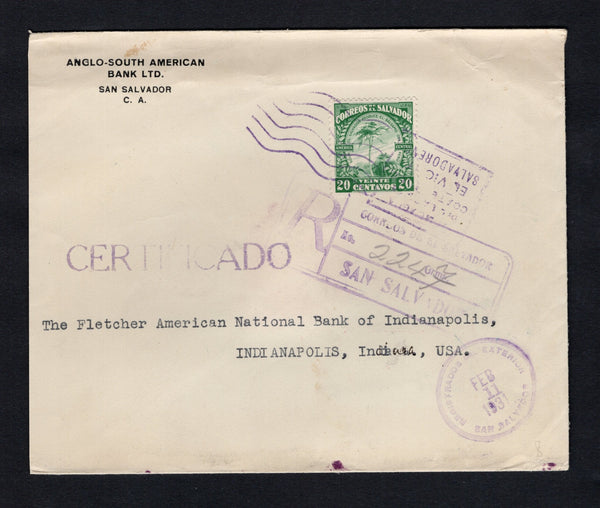 SALVADOR - 1931 - REGISTRATION: Registered 'Bank' cover franked with single 1924 20c green (SG 756) tied by boxed slogan cancel with SAN SALVADOR cds dated FEB 11 1931, straight line 'CERTIFICADO' and boxed registration marking alongside. Addressed to USA with money declaration cachet and transit and arrival marks on reverse.  (SAL/42428)