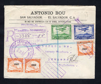 SALVADOR - 1932 - AIRMAIL & REGISTRATION: Registered cover franked with 1932 3 x 10c orange with '1932' overprint and 1930 20c green and 40c deep blue AIR issue (SG 801, 776 & 778) tied by CORREO AEREO EL SALVADOR 'Airplane' cancels with SAN SALVADOR cds dated JUN 18 1932 and boxed registration marking alongside. Addressed to UK with transit & arrival marks on reverse.  (SAL/42430)