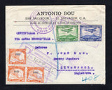 SALVADOR - 1932 - AIRMAIL & REGISTRATION: Registered cover franked with 1932 3 x 10c orange with '1932' overprint and 1930 20c green and 40c deep blue AIR issue (SG 801, 776 & 778) tied by three strikes of boxed 'SAN SALVADOR' registration marking with SAN SALVADOR cds dated JUN 2 1932 alongside. Addressed to UK with transit & arrival marks on reverse.  (SAL/42431)