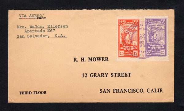 SALVADOR - 1933 - COMMEMORATIVE ISSUE: Cover with typed 'VIA AEREO' at top franked with 1933 15c red orange and 25c mauve '441st Anniversary of Columbus departure from Palos' issue (SG 810 & 812) tied by SAN SALVADOR cds dated 12 OCT 1933, the first day of issue. Addressed to USA.  (SAL/42432)