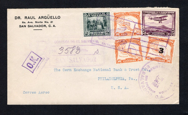 SALVADOR - 1934 - AIRMAIL & REGISTRATION: Registered cover franked with 1924 5c grey black and 2 x 10c orange, 1934 3c on 10c orange and 1930 25c purple AIR issue (SG 753, 755, 817 & 777) tied by CORREO AEREO EL SALVADOR 'Airplane' cancel with SAN SALVADOR cds dated JUN 30 1934 and boxed registration marking alongside. Addressed to USA with small boxed 'O.K.' marking and transit & arrival marks on reverse.  (SAL/42436)