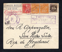 SALVADOR - 1936 - AIRMAIL, REGISTRATION & DESTINATION: Cover with 'CORREO AEREO AIR MAIL' handstamp at top franked with 1935 30c blackish brown, 1935 5c carmine red and pair 10c orange yellow (SG 852, 866 & 868) tied by CORREO AEREO EL SALVADOR 'Airplane' cancel with SAN SALVADOR cds dated 14 NOV 1936 and boxed registration marking alongside. Addressed to HONDURAS with large money declaration cachet and TEGUCIGALPA transit cds on reverse.  (SAL/42437)