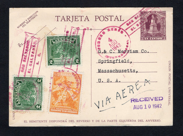 SALVADOR - 1942 - POSTAL STATIONERY: 1c dull violet on cream postal stationery card (H&G 112) used with added 1938 2 x 2c green and 1940 15c orange 'Coffee Tree' issue (SG 893 & 912) tied by CORREO AEREO SAN SALVADOR cds's dated 4 AGO 1942. Addressed to USA with full commercial message on reverse. Card has a couple of small creases.  (SAL/42439)