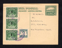 SALVADOR - 1942 - POSTAL STATIONERY: 2c dark green on cream postal stationery card (H&G 114) used with added strip of three 1945 1c on 2c green and 1946 14c green (SG 940 & 946) tied by SAN SALVADOR cds's dated 15 OCT 1946. Addressed to USA with full commercial message on reverse.  (SAL/42440)