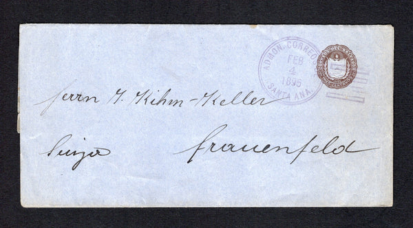 SALVADOR - 1895 - POSTAL STATIONERY: 3c brown on blue 'Seebeck' postal stationery wrapper (H&G E22) used with SANTA ANA cds dated FEB 4 1895. Addressed to SWITZERLAND with arrival cds on reverse.  (SAL43528)