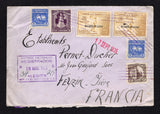 SALVADOR - 1935 - REGISTRATION & CANCELLATION: Heavyweight registered cover franked with 1924 2 x 1c brown purple (one on reverse), 1934 2c chocolate brown and 2 x 8c ultramarine and 1935 2 x 15c ochre with 'HABILITADO' overprint (SG 750, 820, 822 & 839) all tied by 'Lines' cancels with boxed REGISTRADOS ALEGRIA cancel alongside in purple. Addressed to FRANCE with transit & arrival marks on reverse.  (SAL43759)
