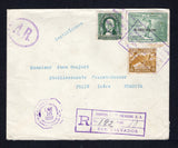 SALVADOR - 1937 - REGISTRATION & AR: Registered cover franked with 1935 37c green with 'HABILITADO' overprint and 1935 3c green & 15c bistre (SG 840, 865 & 869) tied by boxed slogan cancel with octagonal REGISTRADOS DEL EXTERIOR SAN SALVADOR cds dated JAN 16 1937, boxed 'SAN SALVADOR' registration marking and oval 'A.R.' marking all in purple. Addressed to FRANCE with money declaration handstamp and arrival marks on reverse.  (SAL43760)
