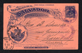SALVADOR - 1896 - POSTAL STATIONERY: 3c dark blue on salmon 'Seebeck' TRAIN postal stationery card (H&G 38) used with two strikes of SAN SALVADOR cds in purple dated ABR 18 1896. Addressed to GERMANY with USA transit and German arrival cds's on front.  (SAL45613)