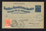 SALVADOR - 1898 - POSTAL STATIONERY: 2c blue on greenish 'Seebeck' postal stationery card (H&G 49) used with added 1898 1c vermilion 'Seebeck' issue (SG 276) tied by SAN SALVADOR cds in blue dated 2 JUL 1898. Addressed to BELGIUM with USA transit and Belgian arrival cds's on front.  (SAL45614)