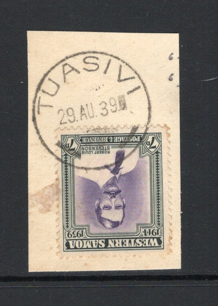 SAMOA - 1939 - CANCELLATION: 7d violet & slate green tied on piece by fine strike of TUASIVI cds dated 29 AU 1939. (SG 198)  (SAM44249)