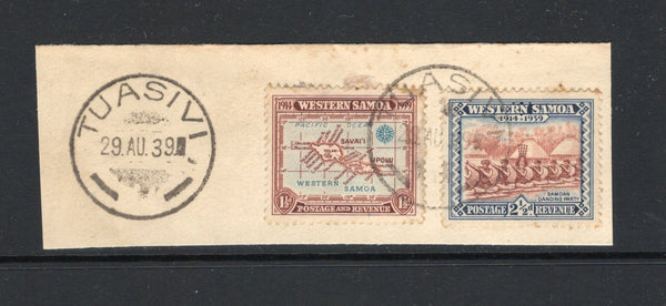 SAMOA - 1939 - CANCELLATION: 1½d light blue & red brown and 2½d red brown & blue tied on piece by TUASIVI cds dated 29 AU 1939 with fine second strike alongside. (SG 196/197)  (SAM44250)