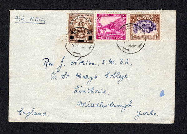 SAMOA - 1948 - CANCELLATION: Commercial cover franked with 1935 6d bright magenta, 1/- violet and brown and 1940 3d on 1½d brown (SG 185/186 & 199) tied by two strikes of TUASIVI cds dated 10 DEC 1948. Sent airmail to UK with APIA transit cds on reverse.  (SAM44251)
