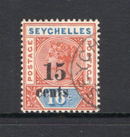 SEYCHELLES - 1893 - PROVISONAL ISSUE: 15c on 16c chestnut & blue QV surcharge issue, a fine used copy with light cds. (SG 18)  (SEY/15774)