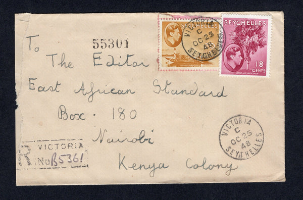 SEYCHELLES - 1948 - REGISTRATION & DESTINATION: Registered cover franked with 1938 18c carmine lake & 20c brown ochre GVI issue (SG 139c & 140a) tied by VICTORIA cds's with boxed 'VICTORIA' registration marking alongside. Addressed to NAIROBI, KENYA with MOMBASA transit and NAIROBI arrival cds's on reverse. Roughly opened at left.  (SEY/22296)