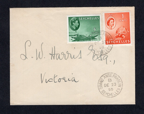 SEYCHELLES - 1955 - CANCELLATION: Cover franked with 1938 6c green GVI issue and 1954 3c orange QE2 issue (SG 137c & 175) tied by GRAND ANSE PRASLIN cds with second strike alongside. Addressed internally to VICTORIA.  (SEY/22304)