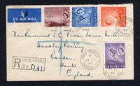 SEYCHELLES - 1956 - REGISTRATION & CANCELLATION: Registered cover franked with 1954 2c lilac, 3c orange, 40c ultramarine and 45c purple brown QE2 issue (SG 175/175 & 181/182) tied by ANSE ROYALE cds's with boxed 'ANSE ROYALE' registration marking alongside. Addressed to UK with VICTORIA transit and UK arrival cds's on reverse.  (SEY/22306)