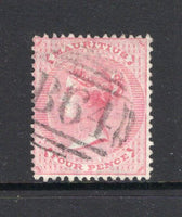 SEYCHELLES - 1863 - MAURITIUS USED IN THE SEYCHELLES: 4d rose QV issue of Mauritius, wmk Crown CC used in the SEYCHELLES with fine full strike of 'B64' barred numeral cancel. (SG Z20)  (SEY/28918)