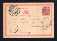 SIERRA LEONE - 1896 - CANCELLATION & ISLAND MAIL: 1d carmine rose on buff QV postal stationery card (H&G 1) used with fine strike of YORK ISLAND SHERBRO cds dated MAY 30 1896. Addressed to GERMANY with FREETOWN transit cds and German arrival cds both on front. Rare early use of this cancel, the earliest recorded date being 3 MAR 1896.  (SIE/41811)