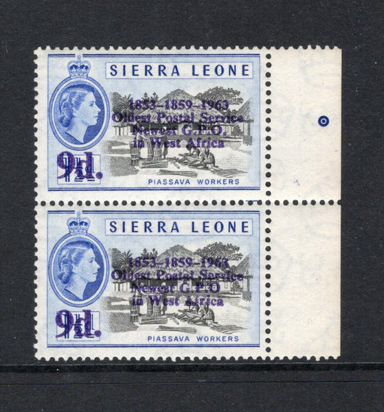 SIERRA LEONE - 1963 - VARIETY: 9d on 1½d black & ultramarine QE2 issue with 'Postal Commemorations' overprint. A fine unmounted mint side marginal pair with variety 'NO STOP AFTER O'. (SG 275 & 275b)  (SIE/43046)