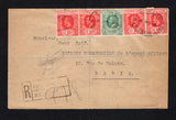 SIERRA LEONE - 1916 - REGISTRATION: Registered cover franked with 1912 ½d blue green and 4 x 1d carmine red GV issue (SG 112/113) tied by oval REGISTERED G.P.O. SIERRA LEONE cancels dated 4 NO 1916 with boxed 'FREETOWN' registration handstamp alongside. Addressed to FRANCE with transit cds on reverse.  (SIE/43214)
