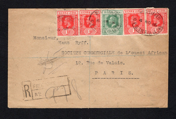 SIERRA LEONE - 1916 - REGISTRATION: Registered cover franked with 1912 ½d blue green and 4 x 1d carmine red GV issue (SG 112/113) tied by oval REGISTERED G.P.O. SIERRA LEONE cancels dated 4 NO 1916 with boxed 'FREETOWN' registration handstamp alongside. Addressed to FRANCE with transit cds on reverse.  (SIE/43214)